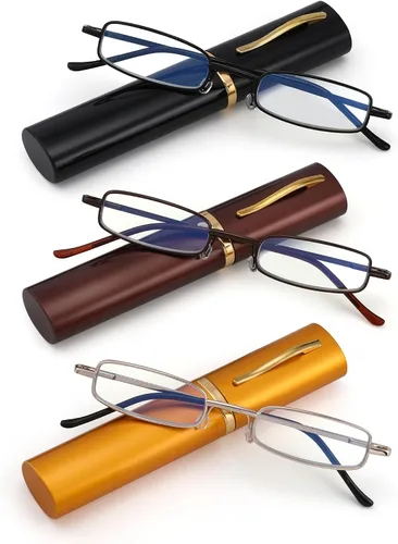 Vista 6 de 3 Pack Slim Pocket Reading Glasses for Men Women Blue Light Blocking Compact Readers Spring Hinge Metal Frame