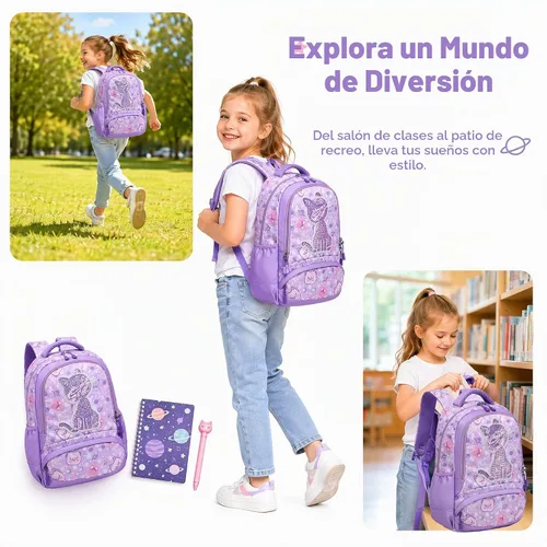 Vista 3 de Mochila de escuela primaria para niñas con lonchera, mochila de regreso a clases 01-lentejuela Púrpura