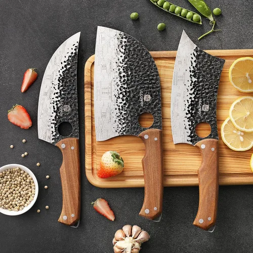 Vista 6 de Set de 3 cuchillos de carnicero, incluye cuchillo de carnicero de 17,8 cm, cuchillo de chef serbio de 17,8 cm y cuchillo vikingo de 16,5 cm, juego