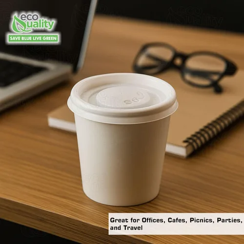 Vista 4 de [Paquete de 50] Tazas de café espresso desechables de papel blanco de 4 onzas con tapas blancas, tazas de té caliente desechables de papel blanco