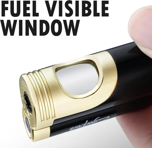 Vista 3 de GUEVARA Encendedor de Antorcha de Butano con Punzón a Prueba de Viento de Doble Chorro (Negro-Dorado) Dual jet flame, windproof, butane refillable