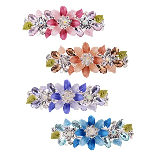 Vista 13 de inSowni Paquete de 4 Pasadores de Cabello Franceses de Metal de Lujo con Purpurina Brillante, Gemas Enjoyadas, Cristales con Diamantes de Imitación