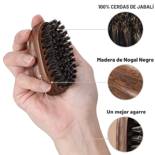 Vista 2 de BFWood Cepillo pequeño para barba de viaje, cerdas naturales de jabalí con madera de nogal negro