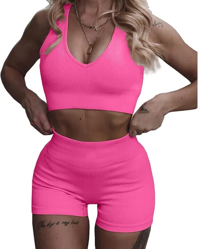 Vista 2 de MANON ROSA Trajes de yoga para mujer, sin costuras, conjunto de 2 piezas, leggings cortos, brasier deportivo, ropa de entrenamiento, ropa deportiva
