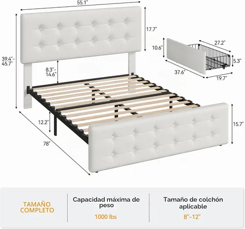 Vista 2 de IDEALHOUSE Marco de cama tamaño completo con 4 cajones de almacenamiento y cabecero, marco de cama plataforma tapizada en cuero sintético con Beige