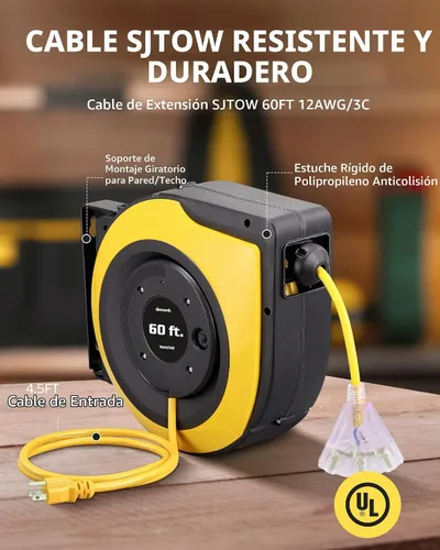 Vista 3 de DEWENWILS 60FT Retractable Cord Reel, 12AWG SJTOW Cord, UL Listed，Yellow Amarillo