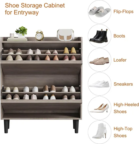 Vista 7 de IDEALHOUSE 2 zapateros con cajones abatibles, zapatero de madera con estante ajustable, organizador de zapatos independiente, almacenamiento oculto