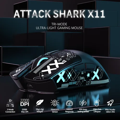 Vista 2 de MAGIC-REFINER Attack Shark X11 - Mouse inalámbrico para juegos superligero de 2.08 oz con cinta de agarre, base de carga RGB, BT/2.4G Negro