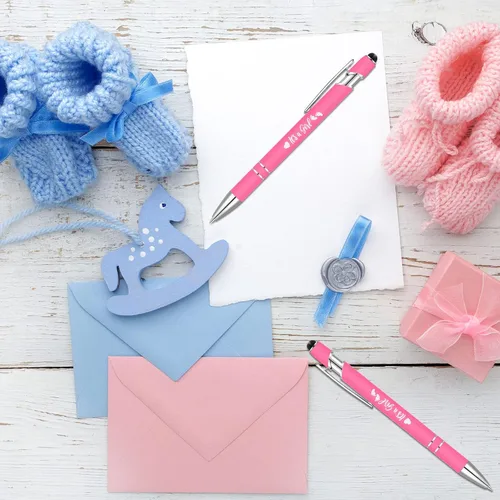 Vista 5 de Nuanchu 48 bolígrafos retráctiles para baby shower, con texto en inglés "It's a Boy Girl", bolígrafos de gel retráctiles de tinta negra, bolígrafos