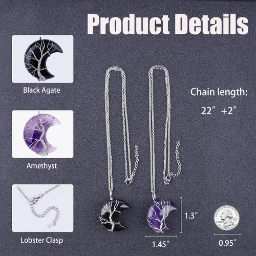 Vista 4 de ASGIFT Collar de luna creciente envuelto en alambre de árbol de la vida, 2 piezas de piedra de cristal curativo, joyería para mujeres y niñas, Acero