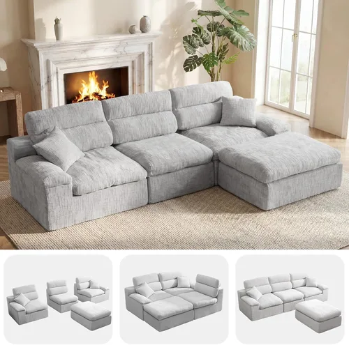 Vista 28 de Sofá modular en forma de L de 114 pulgadas con diván, sofá de pana sin hueso con otomana móvil, sofás de asiento profundo para sala de estar, sin