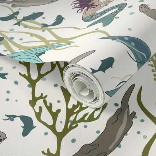 Vista 2 de Papel tapiz para despegar y pegar, diseño de sirenas nutrias, blanco, verde, azul, mar, océano, fondo de pantalla extraíble personalizado Spoonflower
