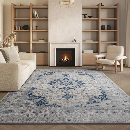 Vista 4 de SAFAVIEH Madison Collection - Alfombra decorativa de 2 pies 3 pulgadas x 3 pies 11 pulgadas, color marfil y azul, diseño de medallón bohemio,