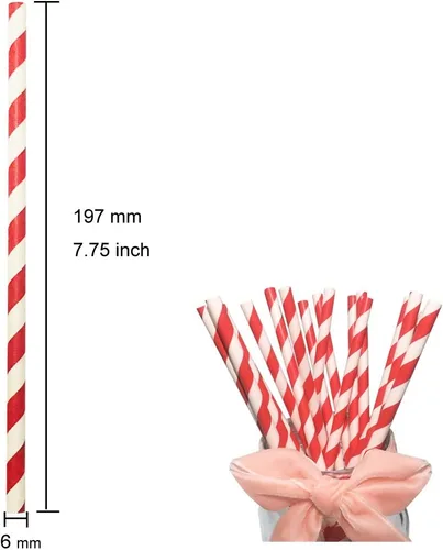 Vista 2 de Pajitas biodegradables de papel a rayas rojas de 7.75 pulgadas, caja de 100 popotes ecológicos de Navidad rojos y blancos perfectos para beber
