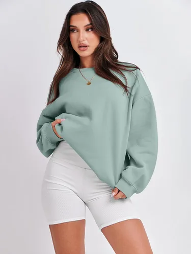Vista 2 de ANRABESS Sudadera de gran tamaño para mujer, de forro polar, manga larga, cuello redondo, informal, para otoño 2023, ropa de moda