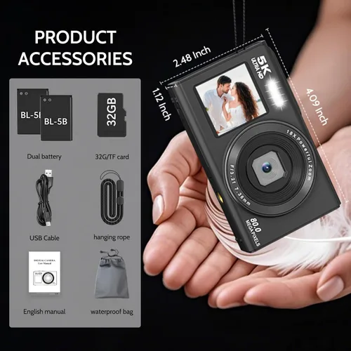 Vista 8 de Cámara digital 5K, cámara de doble pantalla con zoom digital de 18X, cámara compacta de vlogging para adolescentes, paquete de regalo