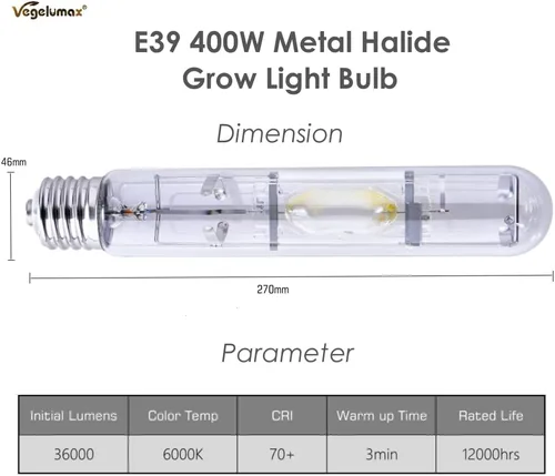 Vista 3 de MH - Bombilla de halogenuros metálicos HID de 400 W con espectro azul y violeta mejorado de alto PAR para horticultura de interior, crecimiento