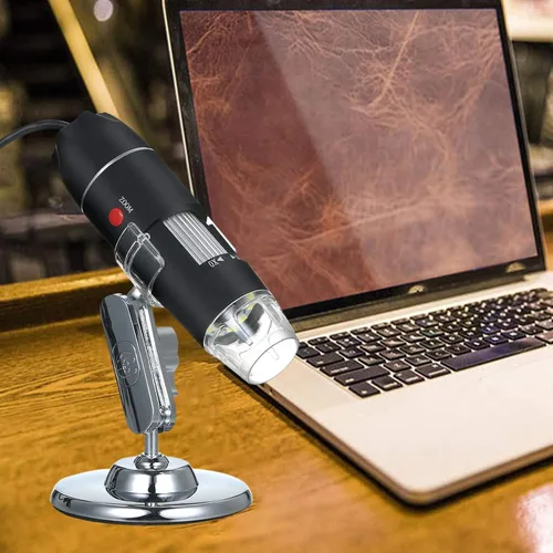Vista 3 de Andoer Microscopio digital USB 1600X cámara de aumento 8 LED con soporte portátil de inspección de mano lupa