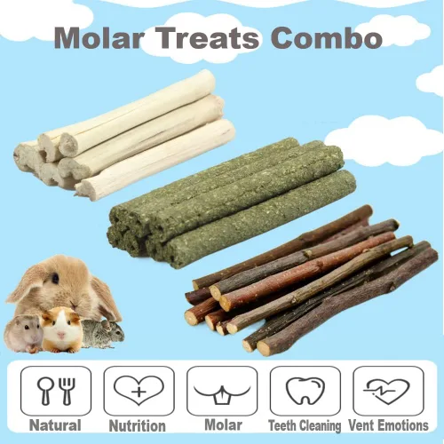 Vista 3 de 5.29 oz 3 tipos de juguetes masticables combinados palos molares dulce bambú rama de manzana Timothy hierba para mascotas Chinchilla, ardilla 150 g