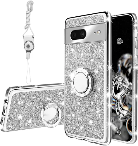 Vista 13 de Funda compatible con Google Pixel 6 Pro para mujer, con purpurina, suave, elegante, transparente, TPU de lujo, bonita funda protectora con correa