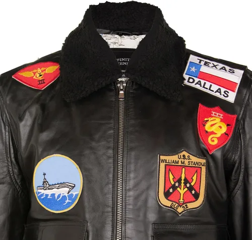 Vista 4 de Chaqueta bomber de piel de vuelo Air Force A2 para hombre con cuello de oveja y parches Negro