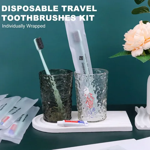 Vista 5 de Cepillos de dientes desechables con pasta de dientes, paquete de 30 cepillos de dientes de viaje desechables verdes envueltos individualmente kit al