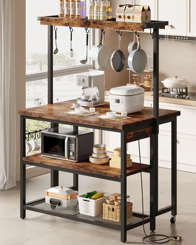 Vista 10 de CHOEZON Isla de cocina con toma de corriente, mesa de isla de cocina con parte superior plegable, islas de almacenamiento estacionario, barra