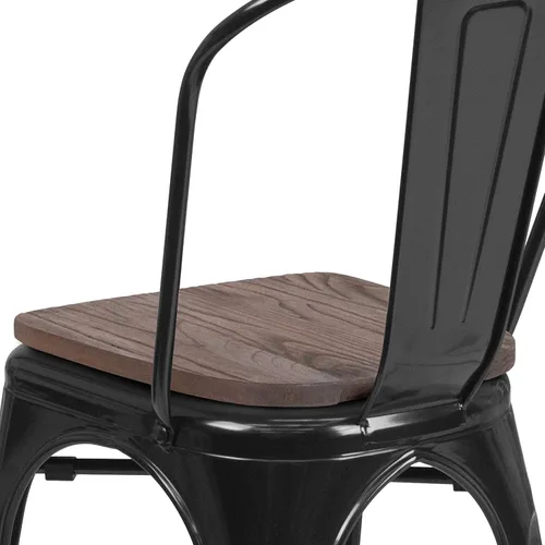 Vista 9 de EMMA + OLIVER Silla apilable de metal negro con asiento de madera