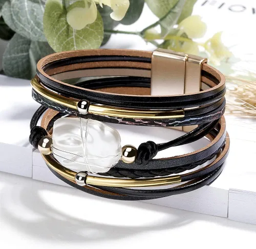 Vista 5 de Fesciory - Pulsera de leopardo para mujer, estilo bohemio de cuero multicapa con perlas de cristal