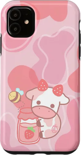 Vista 8 de Funda Kawaii para iPhone 12, diseño de vaca fresa, color rosa
