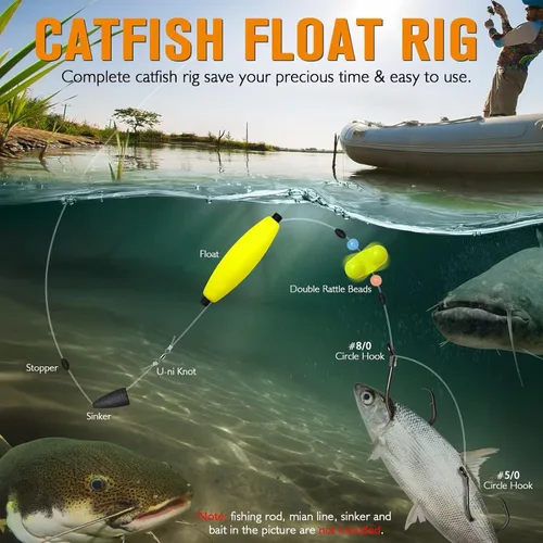 Vista 4 de Dovesun Pre-Tied Catfish Rig System, 23 Inch 55LB Santee Cooper Catfish Float Rig with Adjustable EVA Slip Float and High Carbon Circle Hooks 5/0