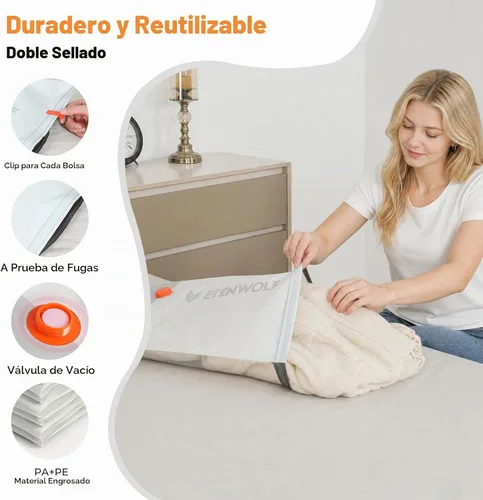 Vista 4 de ETENWOLF Paquete de 10 bolsas de almacenamiento al vacío reutilizables para viajes con bomba de aire recargable, sello de embalaje de compresión al