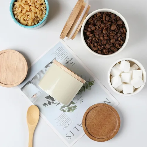 Vista 6 de Recipientes de cocina Sweejar, tarro de almacenamiento de cerámica para alimentos, recipientes apilables con tapa hermética de madera para servir