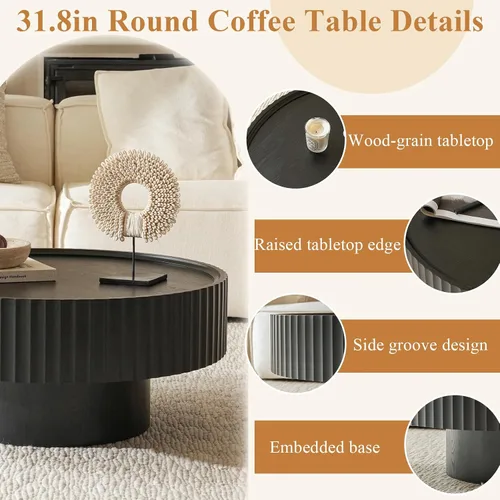 Vista 3 de Mesa auxiliar redonda, mesa de centro de 31.8 pulgadas con almacenamiento, mesa moderna de sala de estar con tambor estriado, mesas centrales
