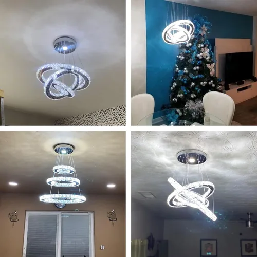Vista 3 de Lámparas de araña LED de cristal, lámpara colgante moderna para comedor, lámpara de techo ajustable con 3 anillos, de acero inoxidable, blanco frío
