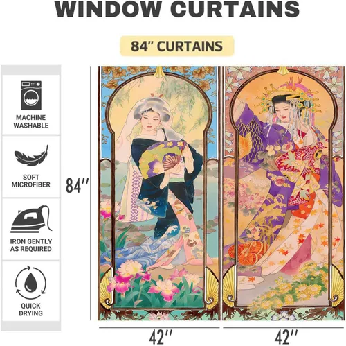 Vista 7 de Art Nouveau - Cortinas opacas de geisha japonesa de verano, serie de temporada de otoño, cortina estilo pintura al óleo, montaje en flor de cerezo