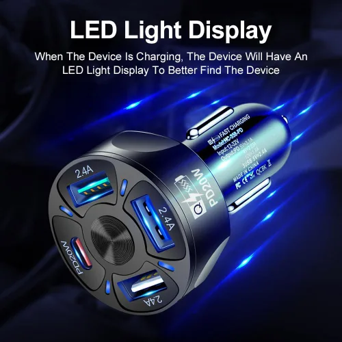 Vista 3 de Cargador de coche de luz de cigarrillo de carga rápida USB de 4 puertos 3 x 2.4 A USB/ 1 PD20W luz LED compatible con tabletas cámaras iPhone 14 13