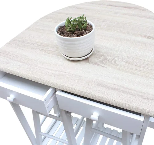 Vista 5 de FCH Drop Leaf Mesa de comedor con juegos de sillas para cocina pequeña, 3 piezas, carrito de cocina de madera con ruedas, 2 taburetes redondos y 2