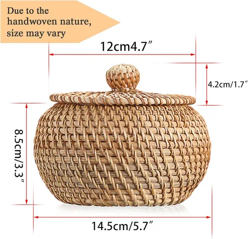 Vista 2 de Hipiwe Cajas de Cestas Redondas de Ratán con Tapa Tejidas a Mano, Cestas de Almacenamiento de Mimbre, Contenedor, Cesta Decorativa Multiusos