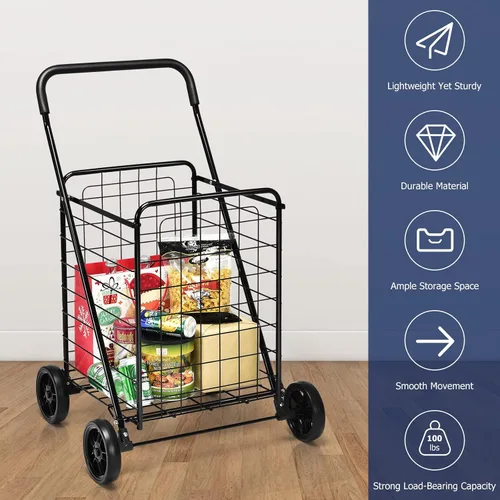 Vista 12 de Goplus Carrito de compras para comestibles, carrito de compras resistente plegable con ruedas, carrito de comestibles portátil colapsable, carrito