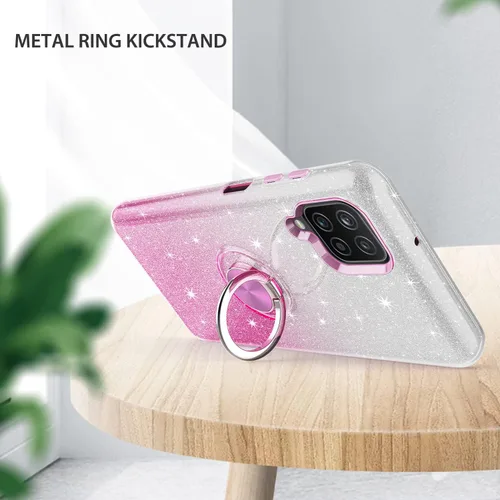 Vista 4 de TJS Funda compatible con Samsung Galaxy A12, con protector de pantalla de vidrio templado, anillo de metal, soporte magnético, tono brillante