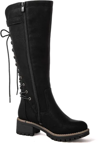 Vista 3 de GLOBALWIN - Botas de combate de equitación altas con cordones para mujer, cómodas botas góticas de motocicleta para mujer con cremallera y tacón