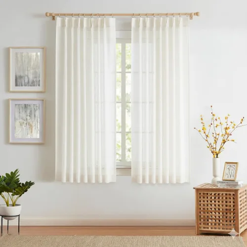 Vista 2 de Kayne Studio Cortinas Plisadas de Lino Natural Semitransparentes con Mezcla, Cortinas Estilo Granja Filtradoras de Luz con Ganchos para Sala