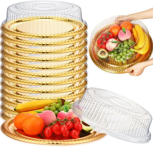 Vista 10 de Nitial 12 Piezas Bandejas de Servicio Resistentes con Tapa Transparente, Bandejas Redondas Elegantes Doradas para Catering Desechables Platos