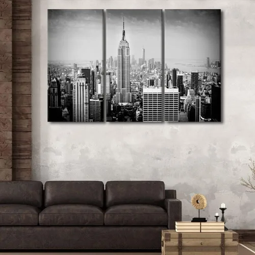 Vista 4 de TUMOVO Decoración de pared para sala de estar, color blanco y negro, pinturas de edificios sobre lienzo, 3 paneles, arte de pared para el hogar