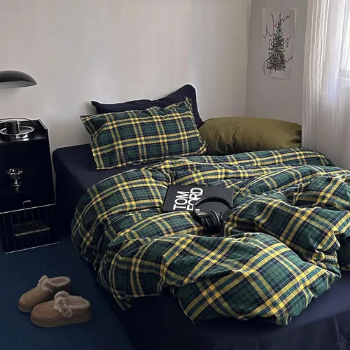 Vista 5 de MKXI Juego de funda de edredón a cuadros de tamaño individual, color verde bosque y amarillo mostaza, ropa de cama de 3 piezas de algodón lavado