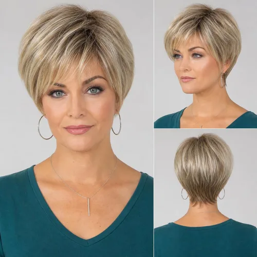 Vista 10 de HAIRCUBE Pelucas rubias de corte Pixie para mujer, estilo ondulado natural, peluca de encaje sintético resistente al calor con parte superior