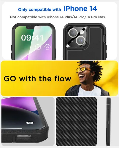 Vista 2 de AICase Funda para iPhone 14 con soporte integrado con protector de pantalla de vidrio + lente de cámara, resistente protección contra caídas, cuerpo