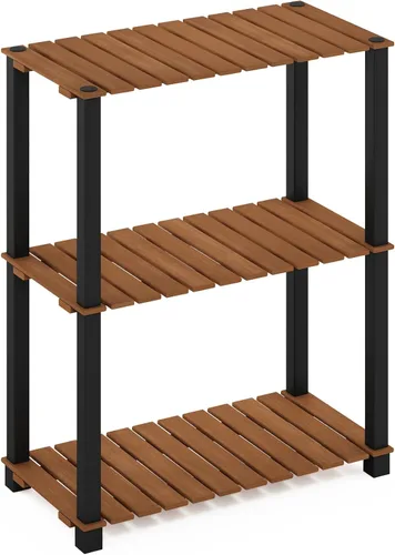 Vista 4 de Furinno Pangkor Turn-N-Tube - Estante de madera para plantas de interior y exterior de 3 niveles con postes cuadrados, color natural/negro