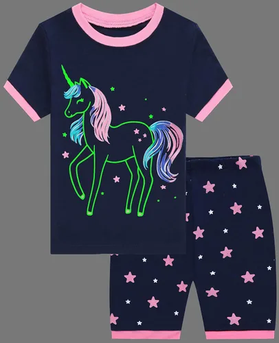 Vista 2 de Pijamas cortas para niñas, ropa de dormir de ajuste cómodo, 100% algodón, pijamas de verano para niños pequeños